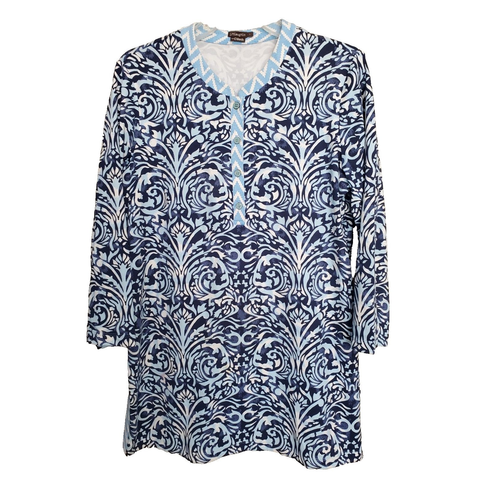 J Mclaughlin Catalina Cloth Blue Half Placket 3/4 Sleeve Tunic Size Large